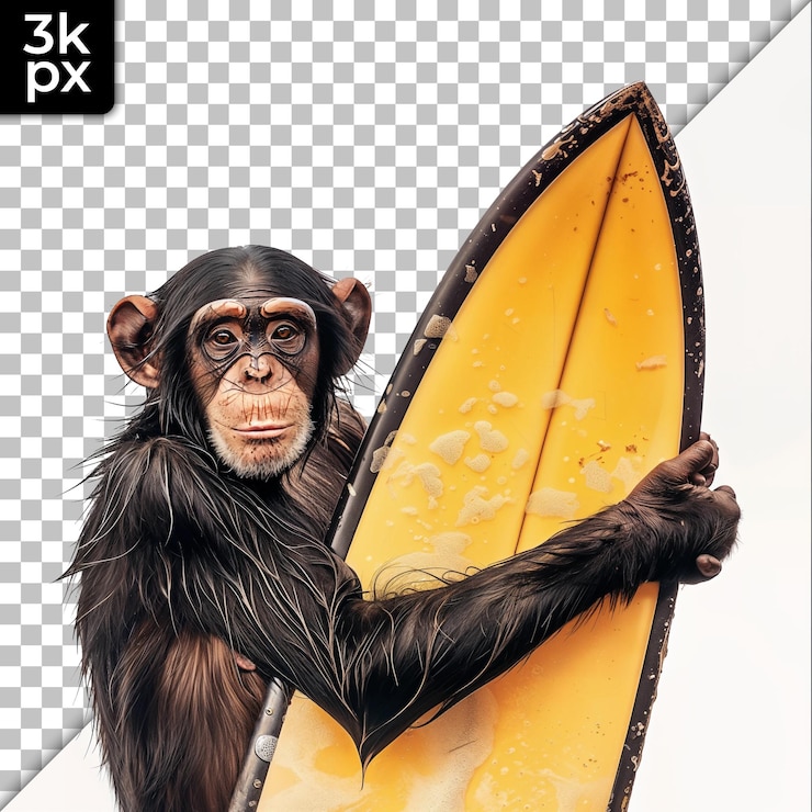 PSD um macaco segurando uma prancha de surf com uma foto de um macaco pegando uma prana de surf