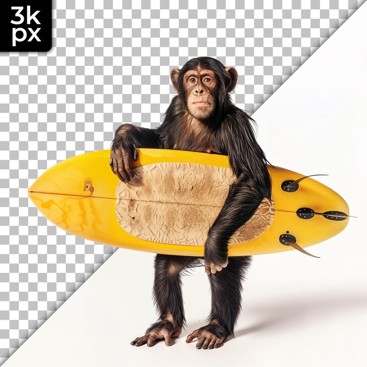 PSD um macaco segurando uma prancha de surf com uma foto de um macaco pegando uma prana de surf