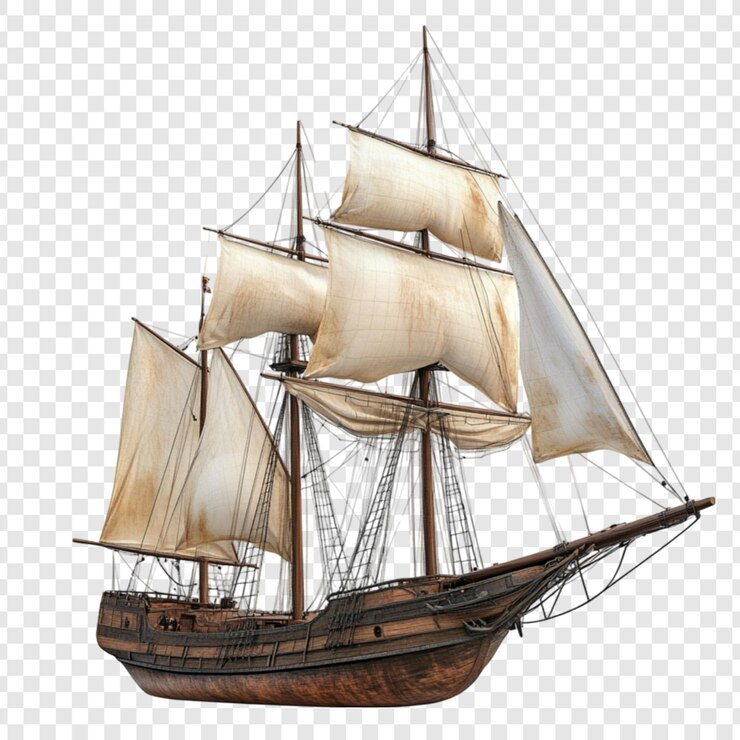 PSD um majestoso navio de vela de madeira com velas ondulantes em um fundo transparente um belo modelo de um navio histórico um galeão de três mastros