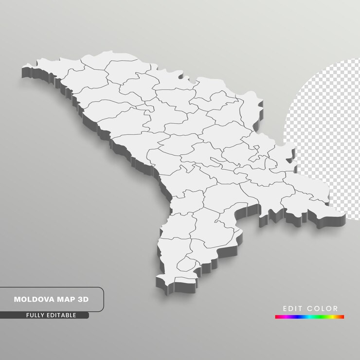 PSD um mapa da moldávia em um mapa isométrico 3d totalmente editável de fundo cinza com estados