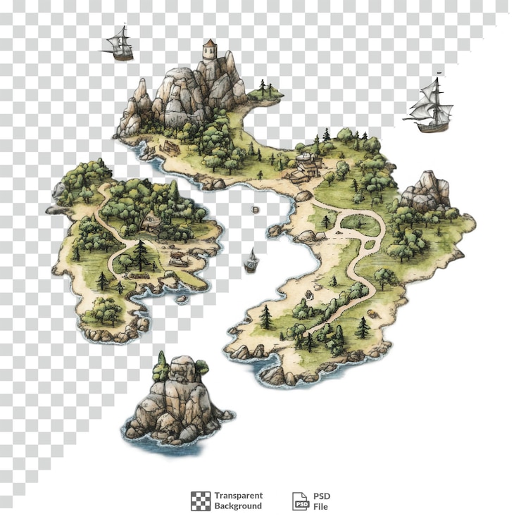 PSD um mapa detalhado desenhado à mão de uma ilha imaginária com fundo transparente