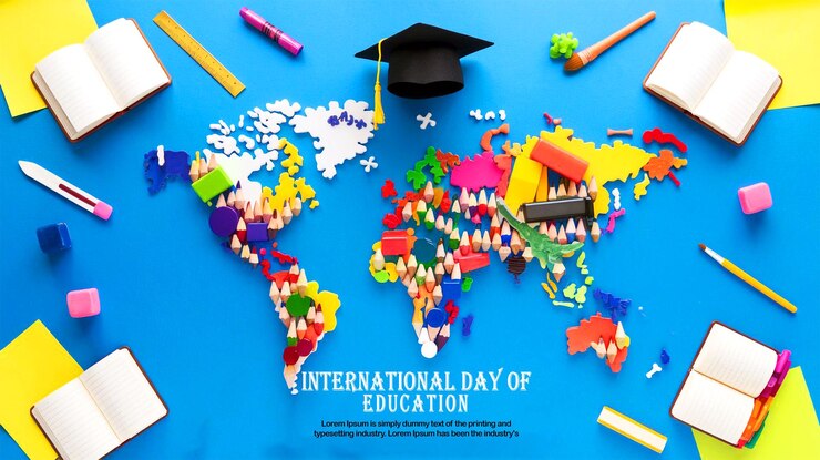PSD um mapa do mundo com lápis de cores diferentes e as palavras educação internacional de educação.