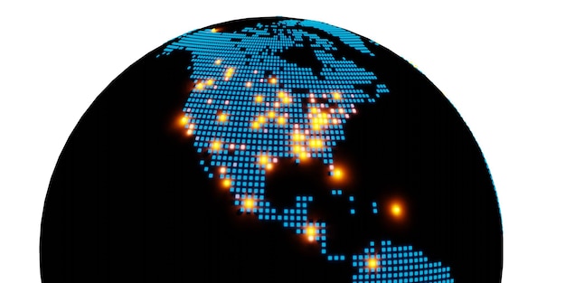 Um mapa halfround estilo globo dos Estados Unidos com grandes cidades destacadas por renderização 3d de pontos estilizados