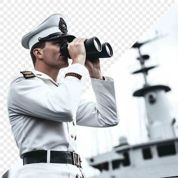 PSD um marinheiro olha através de binóculos enquanto está de pé em um navio