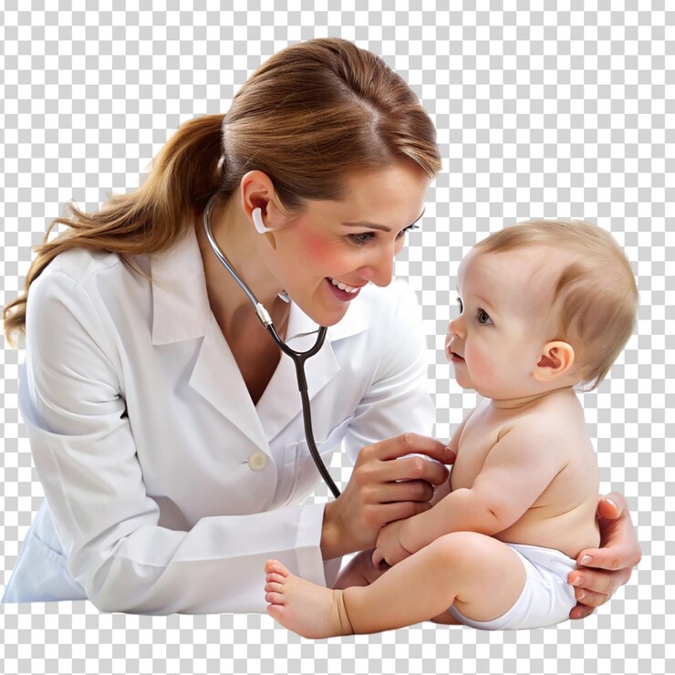 PSD um médico segurando um bebê e sorrindo para ele em fundo transparente