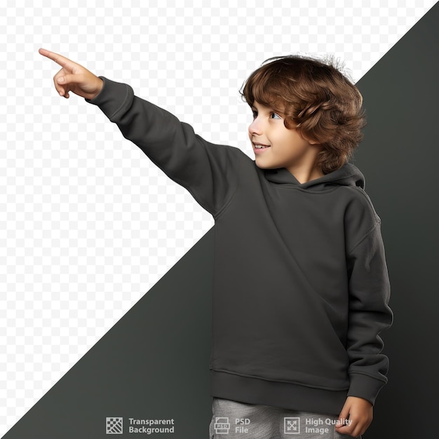PSD um menino apontando para uma foto com um dedo apontando.