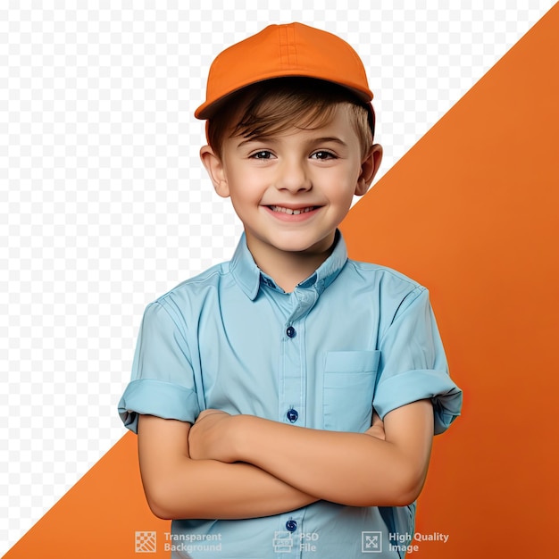 PSD um menino com os braços cruzados e usando um boné laranja.