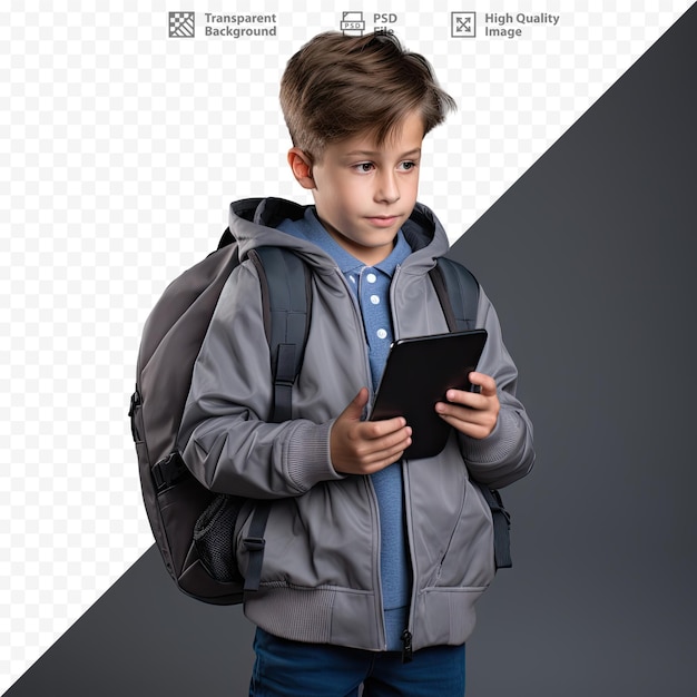 PSD um menino com uma mochila e um tablet que diz 