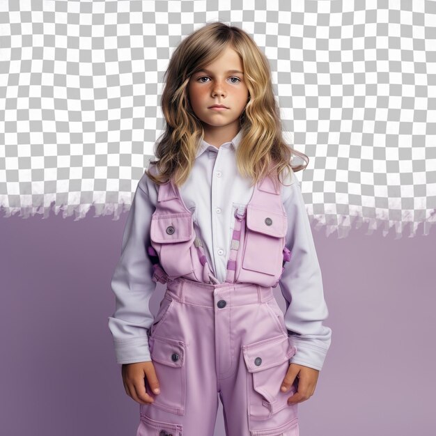 PSD um menino criança aliviado com cabelo longo da etnia eslava vestido com trajes de construtor posa em um estilo de pé com quadris inclinados contra um fundo pastel mauve