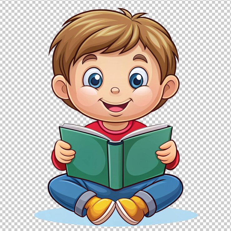 PSD um menino de desenho animado a ler um livro.