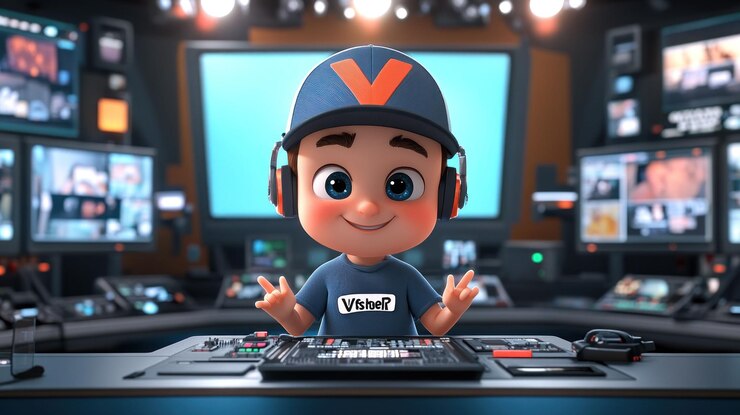 PSD um menino de desenho animado bonito com fones de ouvido sentado em um console de edição de vídeo em uma sala de controle de transmissão