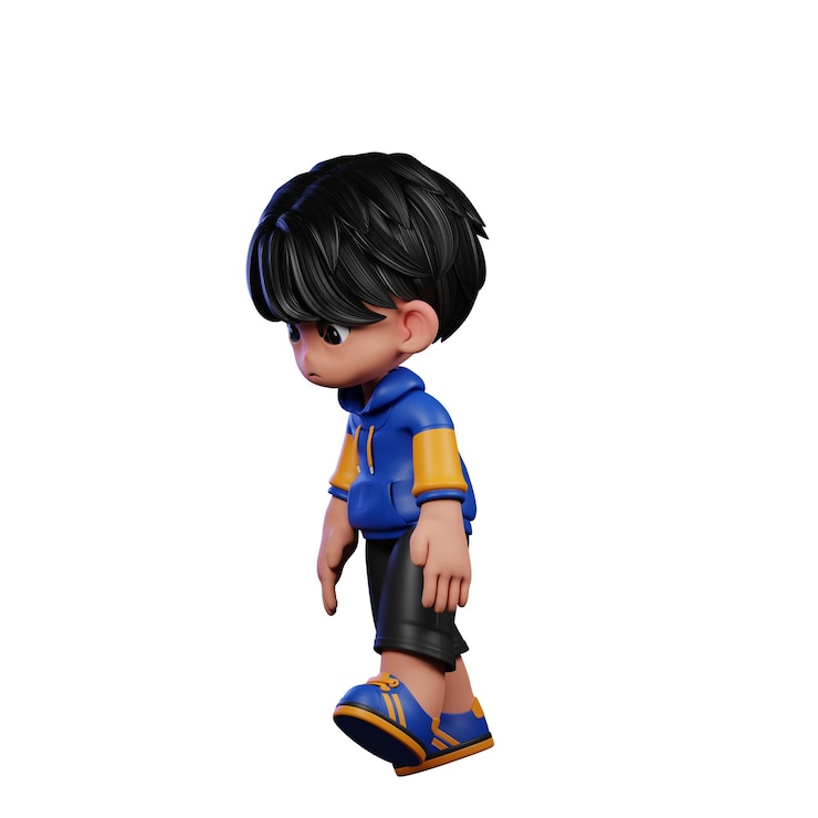 PSD um menino de desenho animado com um casaco azul e calções pretos cansado pose de caminhada