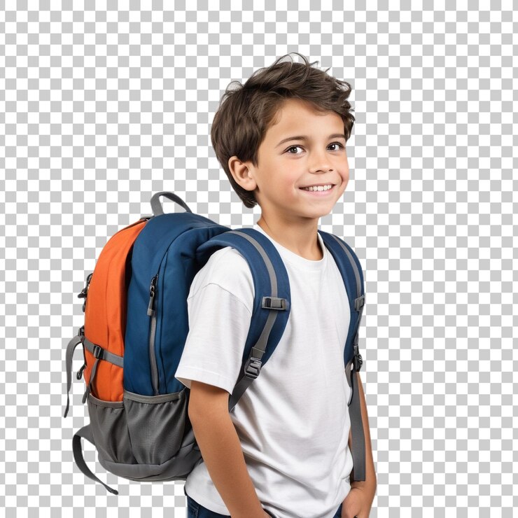 PSD um menino de pé com uma mochila ansioso e pronto para a escola ou aventura
