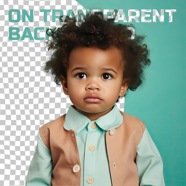 Um menino de pré-escolar triste com cabelo encaracolado da etnia africana vestido com roupa de assistente infantil posa em um estilo soft gaze com cabeça inclinada contra um fundo pastel teal