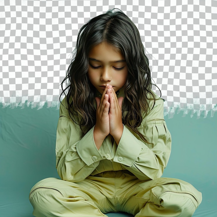 PSD um menino depressivo com cabelos longos da etnia asiática vestido com trajes machinistas posa em um estilo close up of hands contra um fundo verde pastel