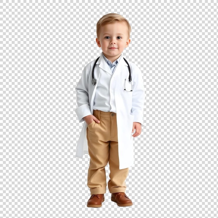 PSD um menino em uma bata de laboratório está em frente a um fundo branco