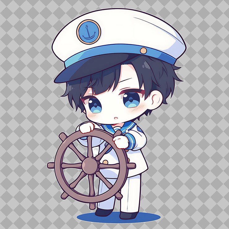 PSD um menino em uniforme de marinheiro segura uma roda com a roda do navio no fundo