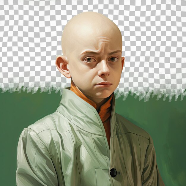 Um menino exasperado com cabelo careca da etnia eslava vestido com trajes de físico posa em um estilo casual hair tug contra um fundo verde pastel