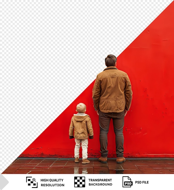 PSD um menino incrível com seu pai de trás vista de um homem e criança de pé na frente de uma parede vermelha com o homem vestindo uma jaqueta marrom e calças cinzentas e a criança vestindo um marrom
