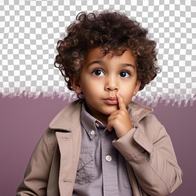 PSD um menino pré-escolar compassivo com cabelos encaracolados da etnia hispânica vestido com roupas de fotografia posa em um olhar pensativo com o dedo nos lábios contra um bacalhau pastel lilac