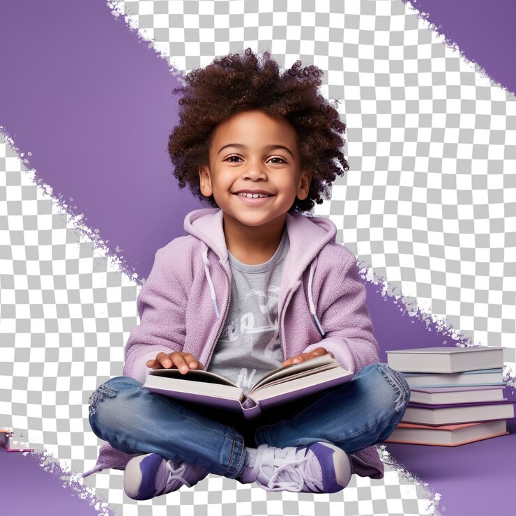 PSD um menino pré-escolar jubilante com cabelos rizados da etnia afro-americana vestido com uma roupa de livro posa em um estilo de sentado com as pernas estendidas contra um saco de lavanda pastel
