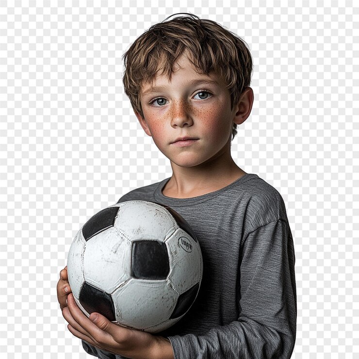 PSD um menino segura uma bola de futebol com as mãos na frente dele
