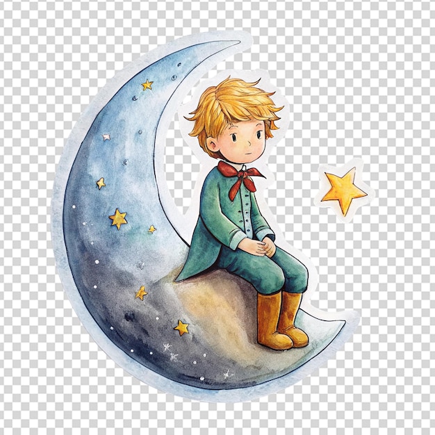 PSD um menino senta-se em uma lua com a lua no fundo