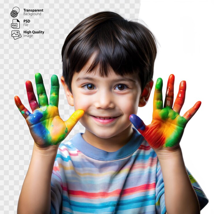 Um menino sorridente mostra orgulhosamente as mãos coloridas cobertas de pintura dentro de casa