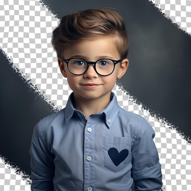 PSD um menino torto em camisa azul óculos festivos e uma barba em um fundo transparente com um coração e inscrição vestidos