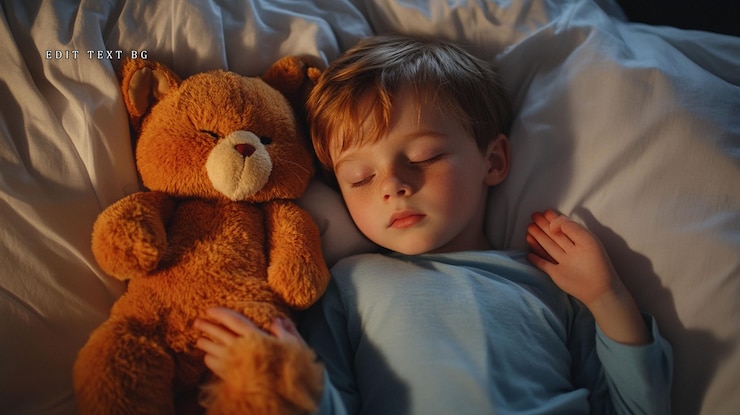 PSD um menino tranquilo dorme profundamente na cama com um ursinho de pelúcia.