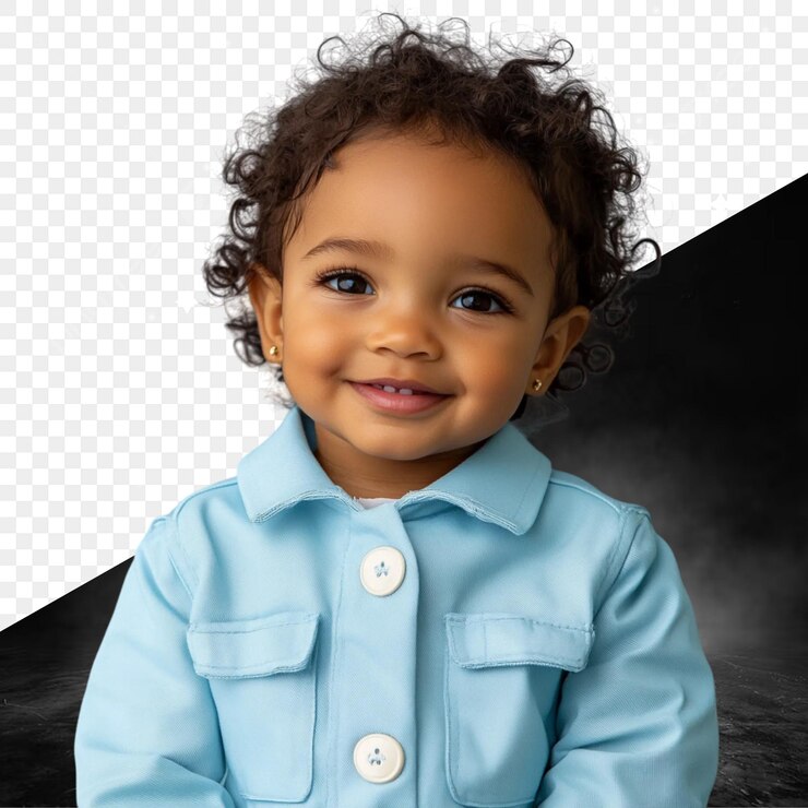PSD um menino vestindo uma camisa azul com botões na frente e no canto direito inferior
