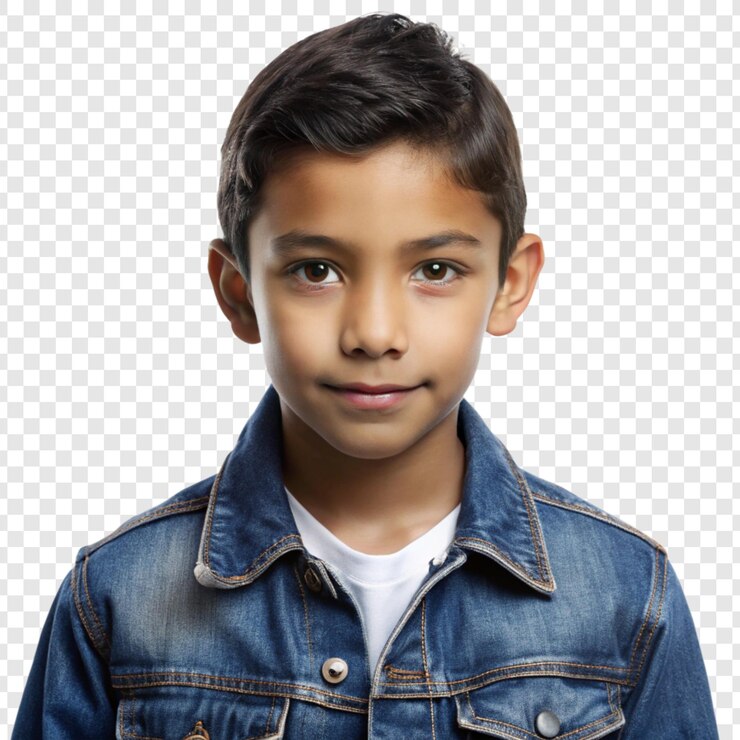 PSD um menino vestindo uma jaqueta de jeans com uma camisa branca e uma jaqueta jeans azul