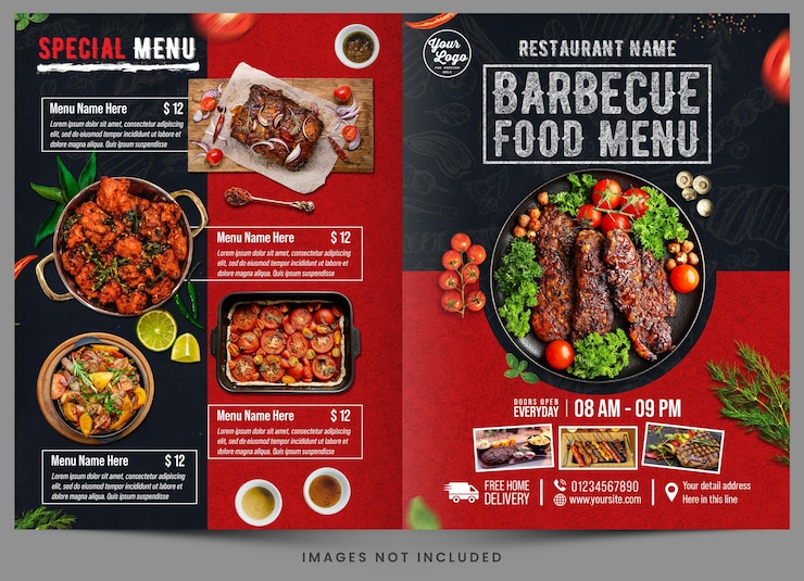 PSD um menu de restaurante aberto em uma página que diz "menu de comida para churrasco".