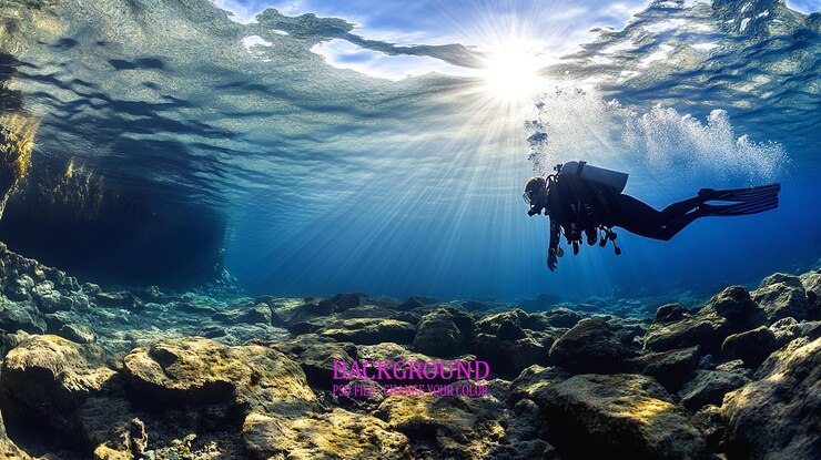 PSD um mergulhador está nadando sob um coral com as palavras snorkel no fundo