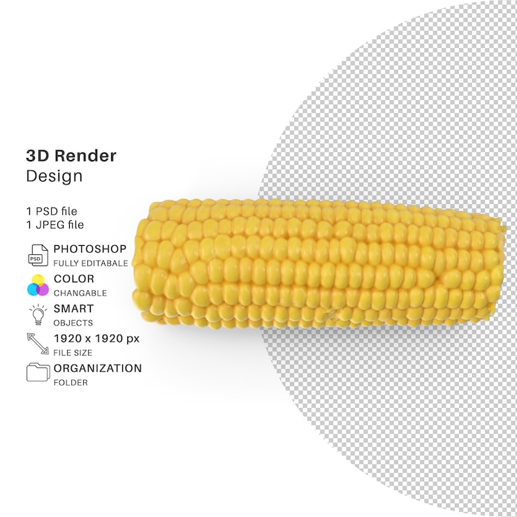 PSD um milho é mostrado em um fundo branco com uma imagem do milho.