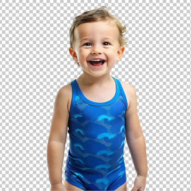 Um miúdo feliz com um fato de banho azul.