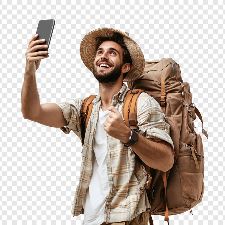 PSD um mochileiro sorridente a tirar uma selfie.