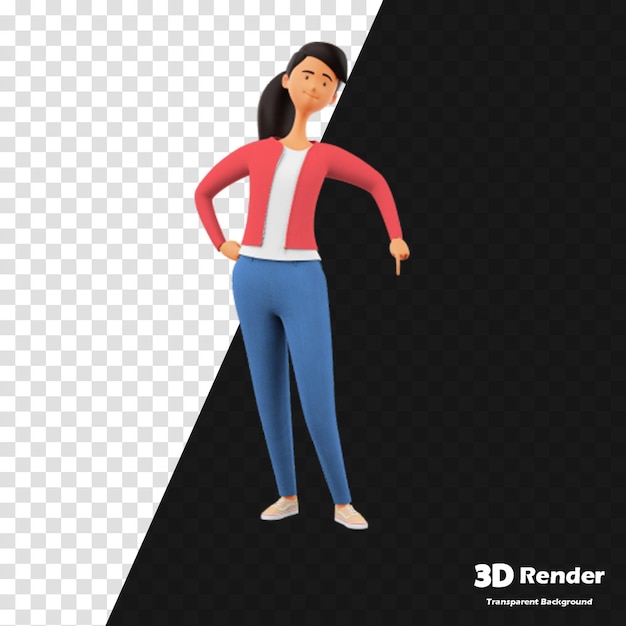 um modelo 3D de uma mulher em uma jaqueta vermelha está de pé na frente de um fundo preto