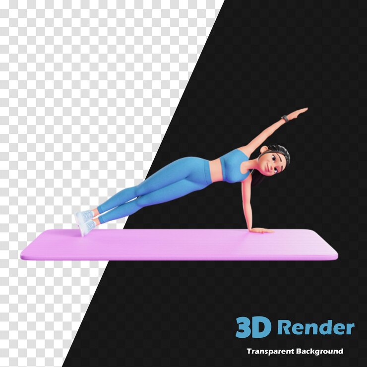 PSD um modelo 3d está em um tapete rosa com a imagem 3d de uma mulher fazendo uma postura de ioga