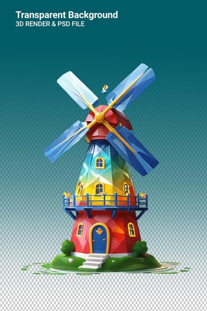 PSD um modelo colorido de um moinho de vento com um telhado azul