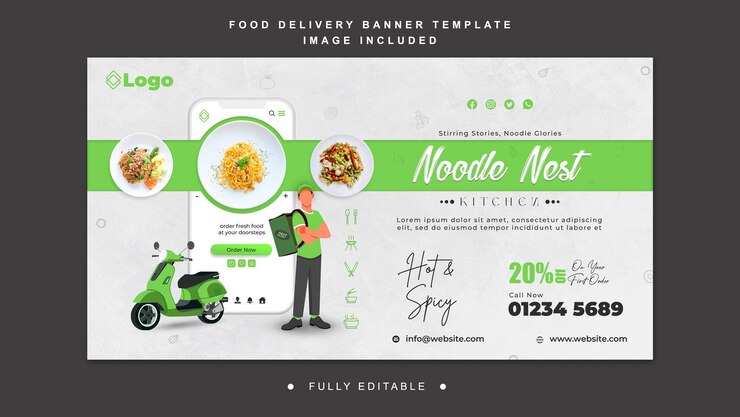 PSD um modelo de banner de entrega de alimentos com refeições deliciosas