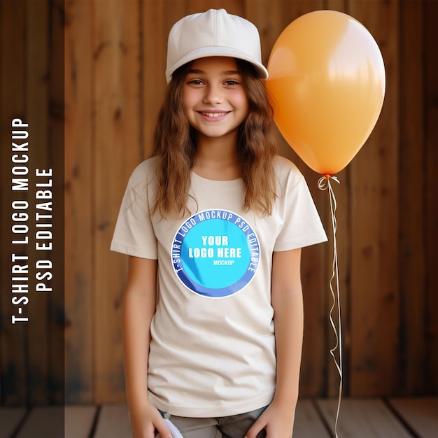 PSD um modelo de camiseta cute girl com um texto de madeira e o fundo de balão