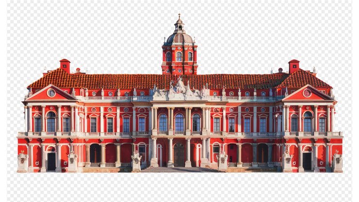 PSD um modelo de um edifício com uma fachada vermelha e branca