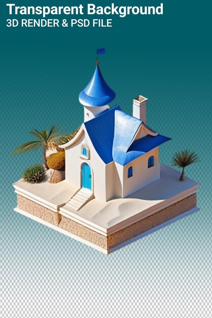 Um modelo de uma casa com um telhado azul e uma palmeira no topo