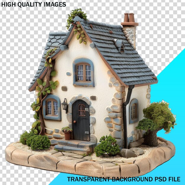 PSD um modelo de uma casa com um telhado preto e um sinal azul que diz alta qualidade
