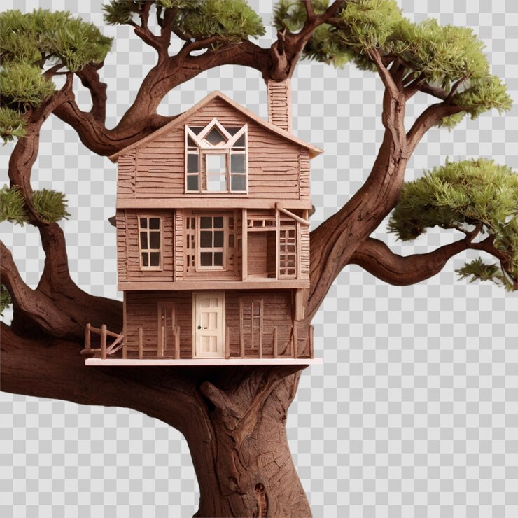 PSD um modelo de uma casa de árvore com uma casa de árvore nele