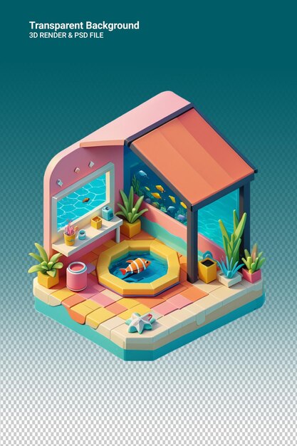 PSD um modelo de uma casa de brinquedo com uma piscina e uma piscina com plantas e uma piscina
