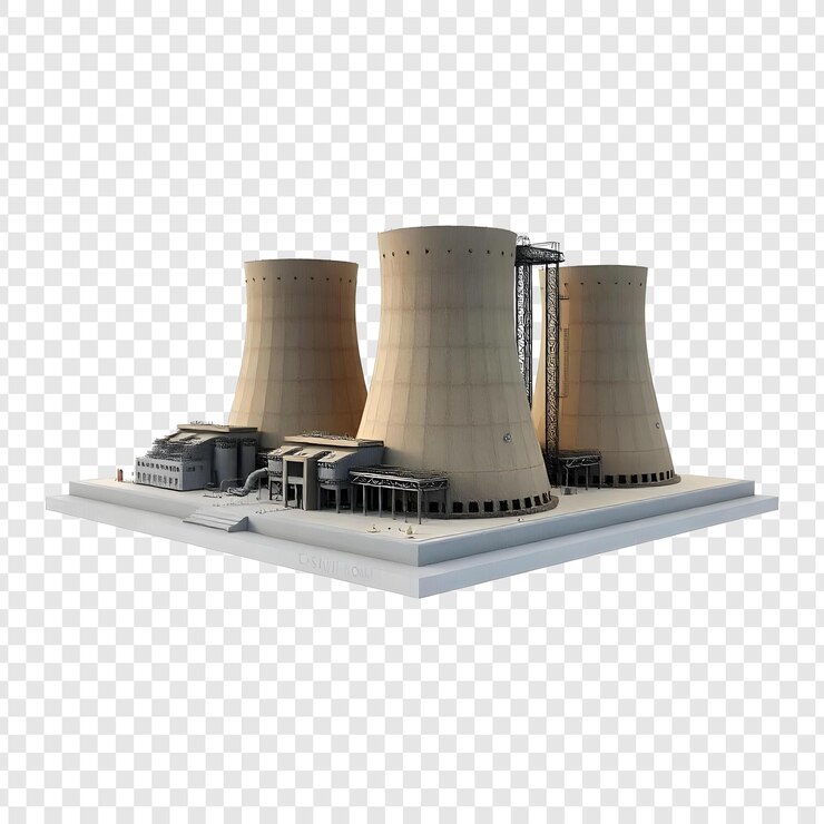 PSD um modelo de uma central nuclear com a central nuclear ao fundo