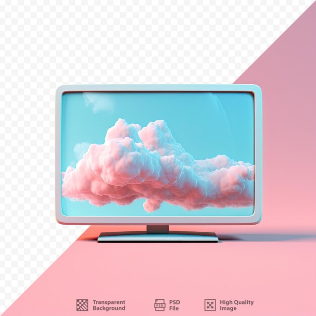 PSD um monitor de computador com uma nuvem e um fundo rosa.