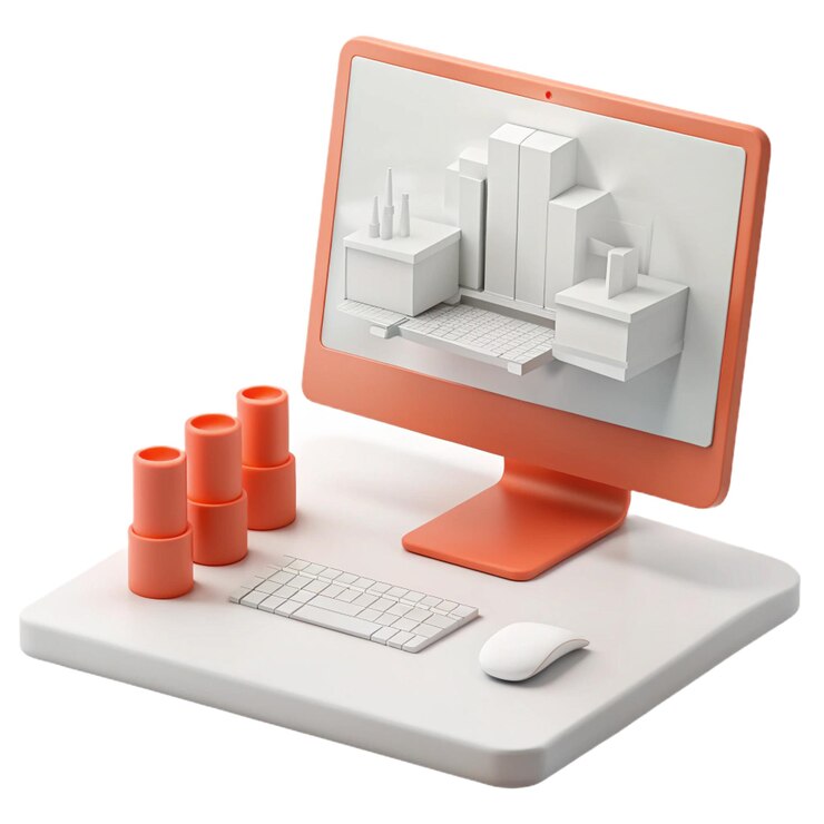 PSD um monitor de computador laranja com um teclado branco e uma taça laranja em cima dele